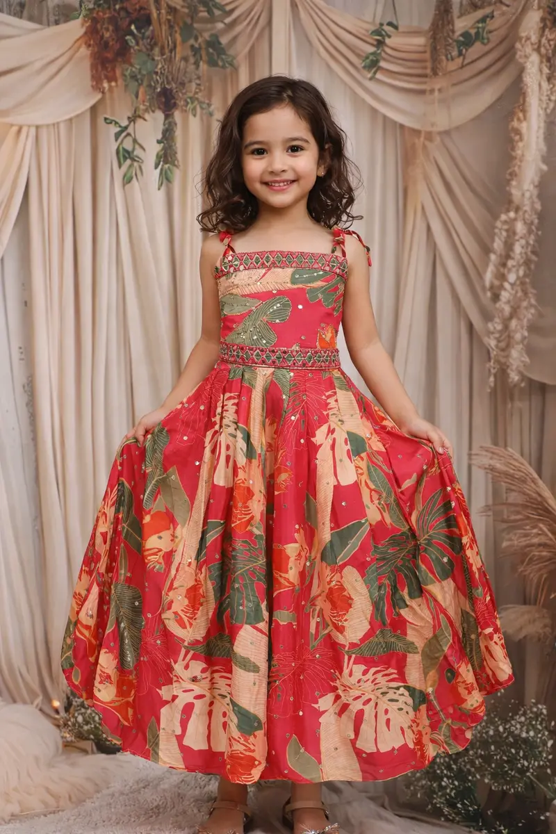 Dark Pink Leaf Printed Design Crepe Silk Kids Gown 1