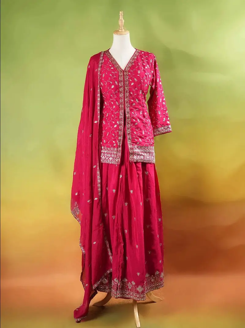 Dark Pink Palazzo Suit Adorned With Floral Embroidery, With Dupatta And 3/4 Sleeve 1