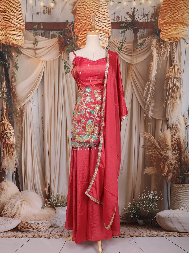 Dark Pink Peacock Embroidered Design Tissue Silk Palazzo Suit With Dupatta 1