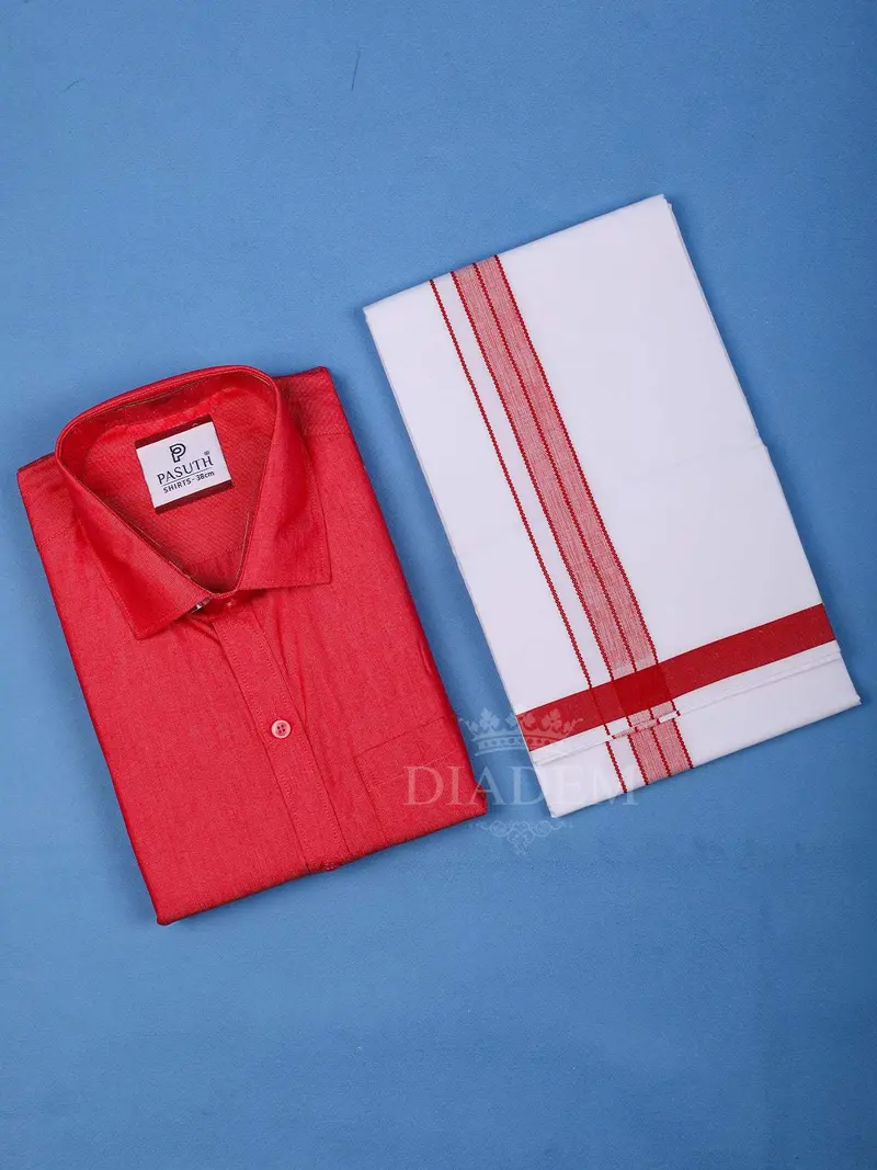 Dark Pink Plain Cotton Full-Sleeve Shirt With Matching Border White Dhoti Set 1