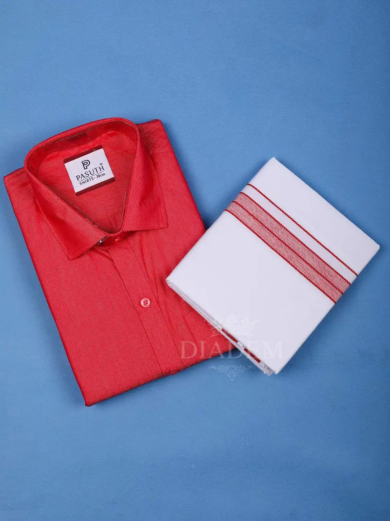 Dark Pink Plain Cotton Full-Sleeve Shirt With Matching Border White Dhoti Set 2