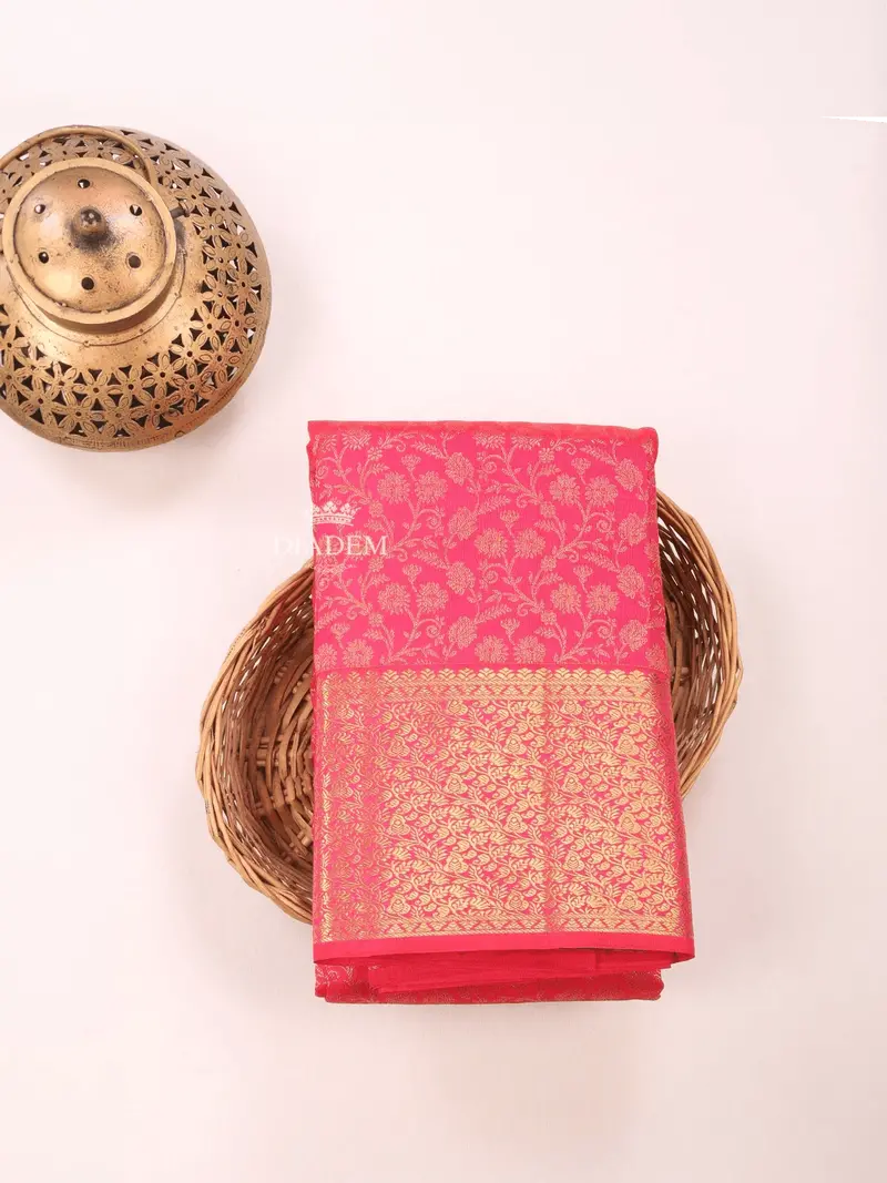 Dark Pink Pure Kanchipuram Bridal Silk Saree With Floral Motif On The Body And Zari Border 1