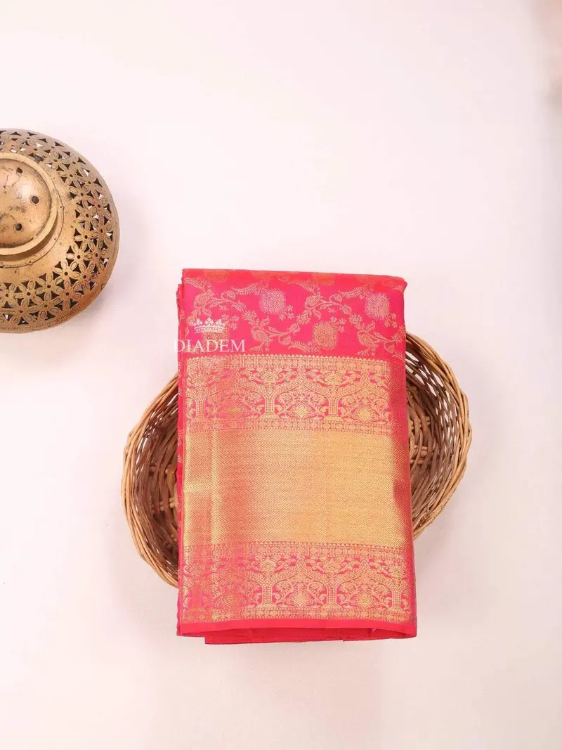 Dark Pink Pure Kanchipuram Saree With Floral Motif On The Body And Zari Border 1