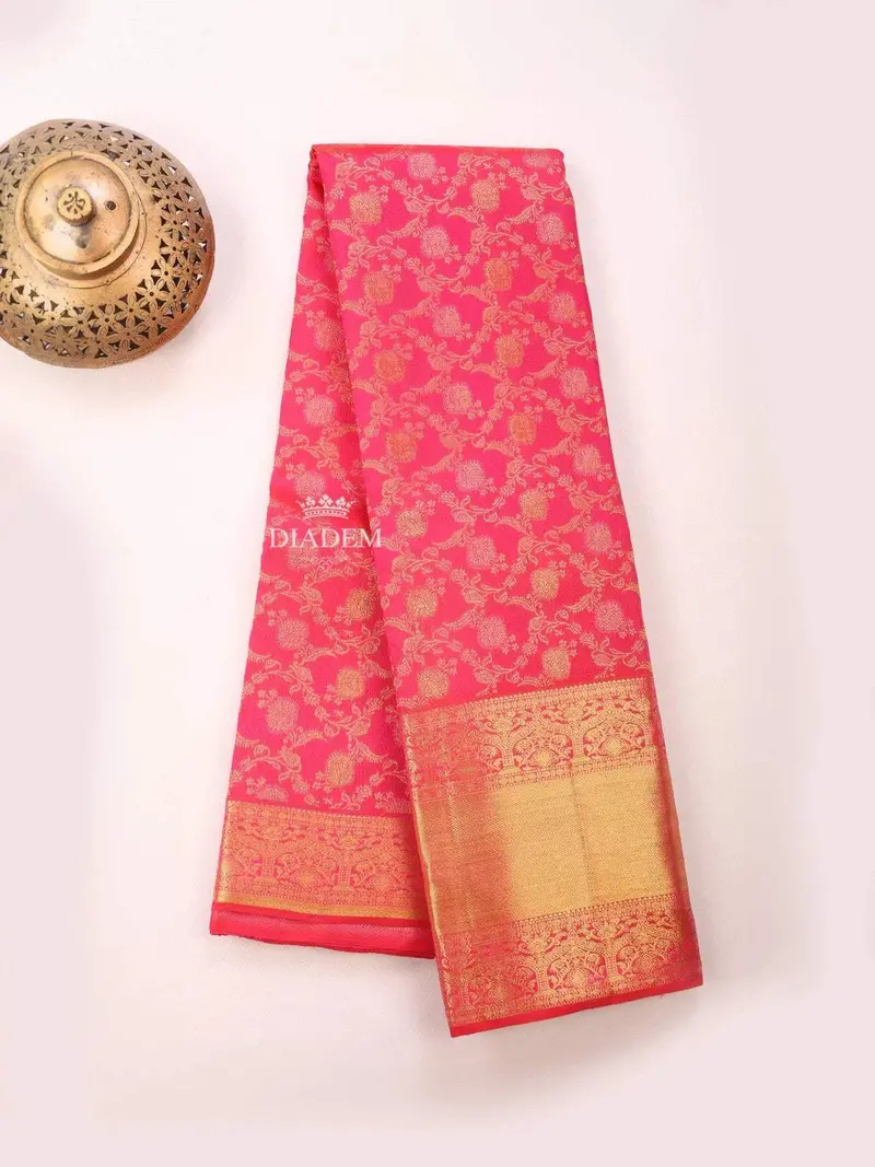 Dark Pink Pure Kanchipuram Saree With Floral Motif On The Body And Zari Border 2