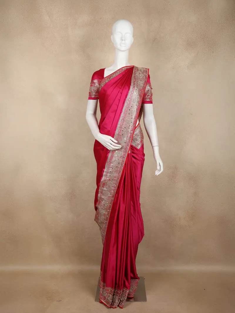 Dark Pink Satin Saree With Designer Border 1