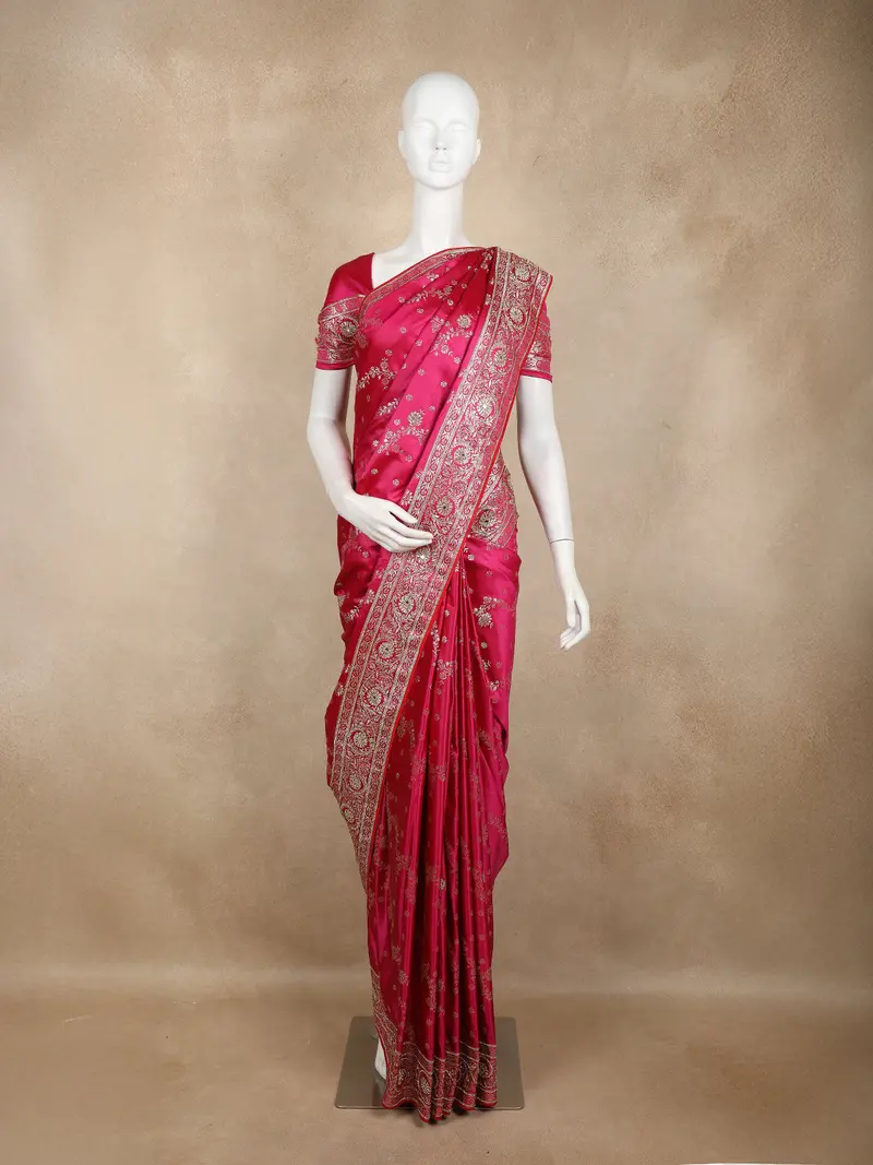 Dark Pink Satin Saree With Floral Print And Designer Border 1