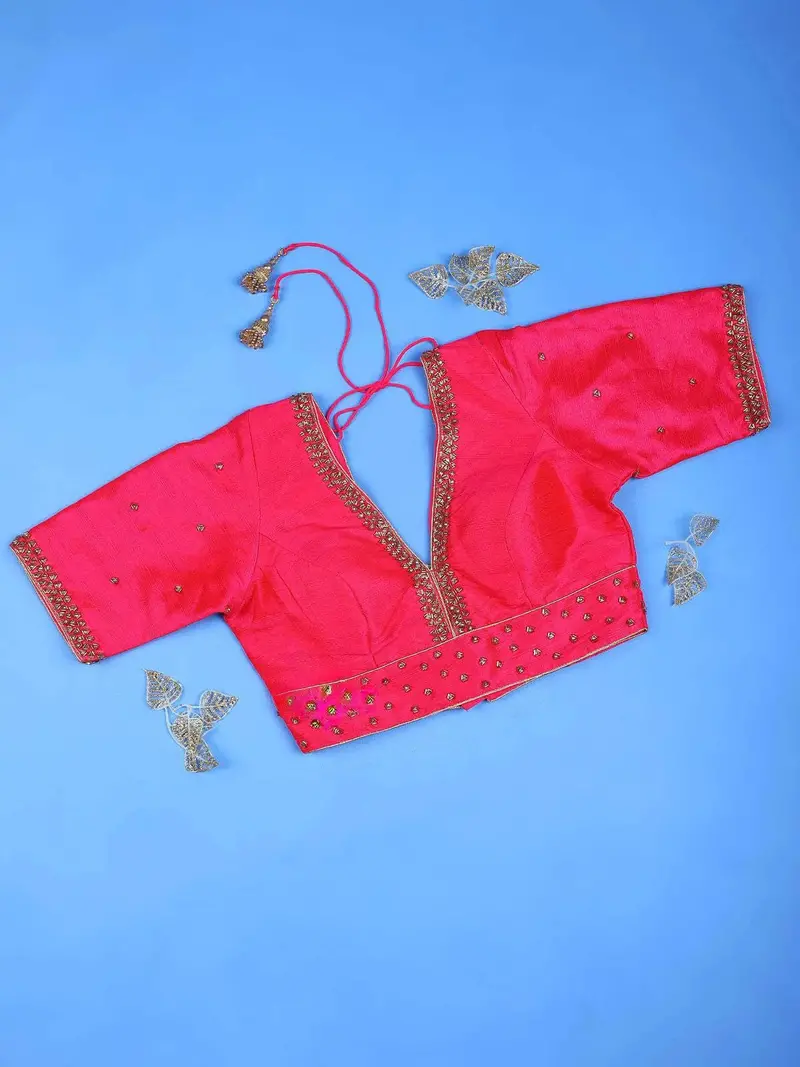 Dark Pink Silk Readymade Blouse Adorned Cell Bead Embroidery Designs 1