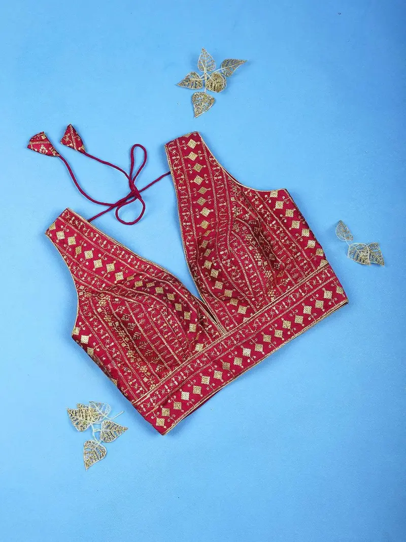 Dark Pink Silk Readymade Blouse Adorned With Embroidery Designs And Sleeveless 1