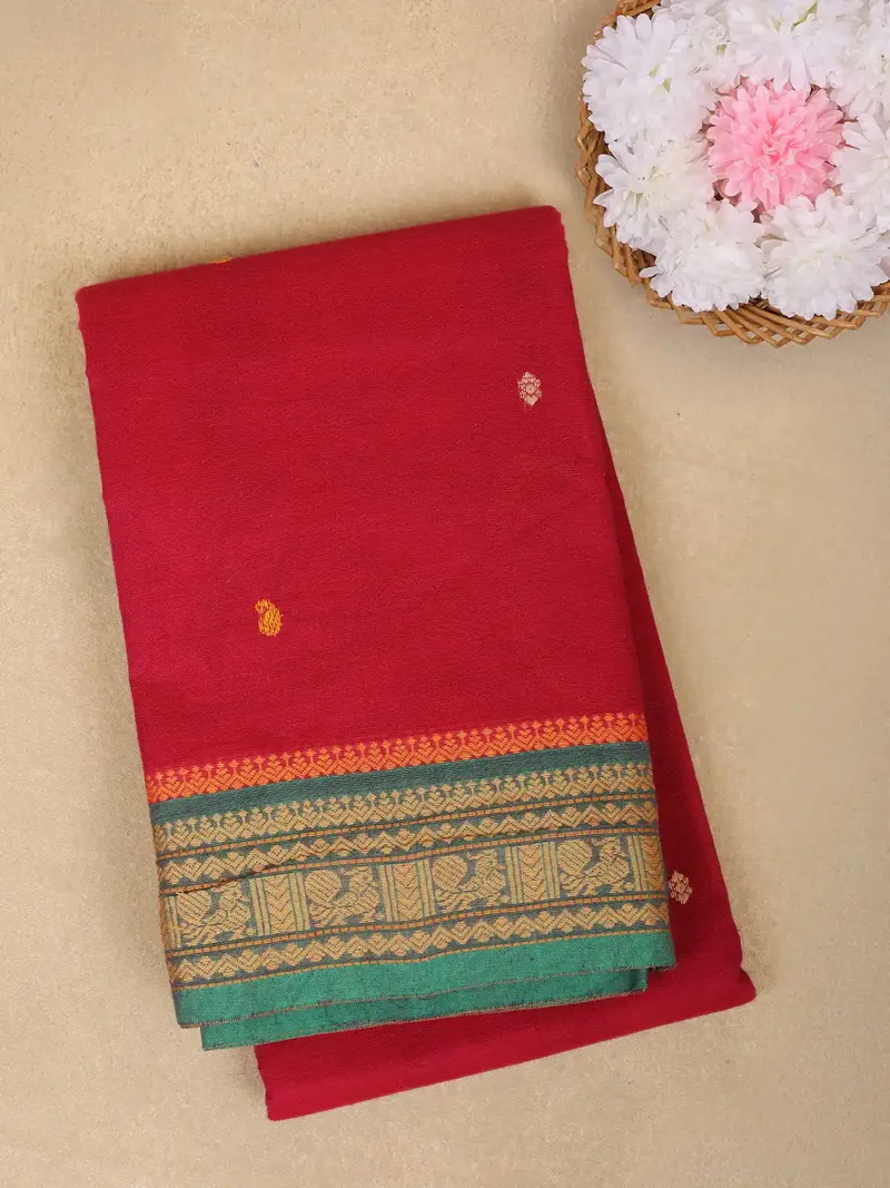 Dark Pink Small Butta Motif Design Cotton Saree With Contrast Green Border 1