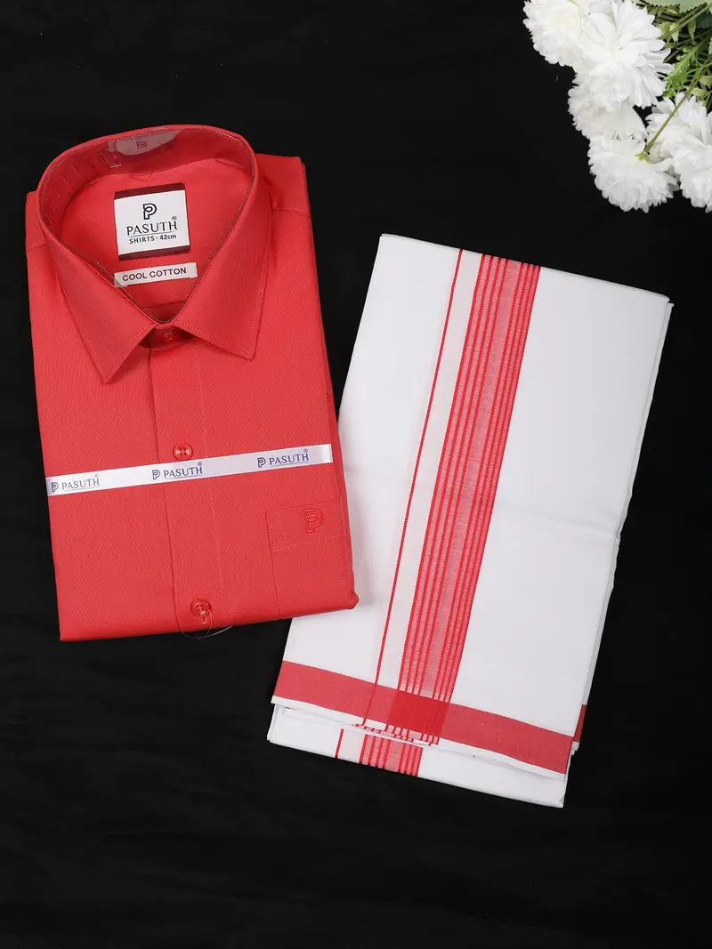 Dark Pink Solid Cotton Shirt With White Dhoti Featuring Pink Woven Border 1