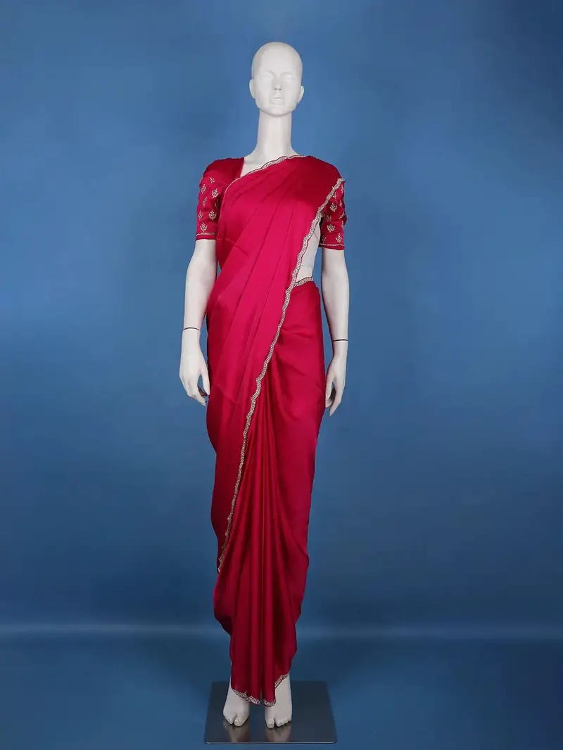 Dark Pink Solid Design Satin Saree 1