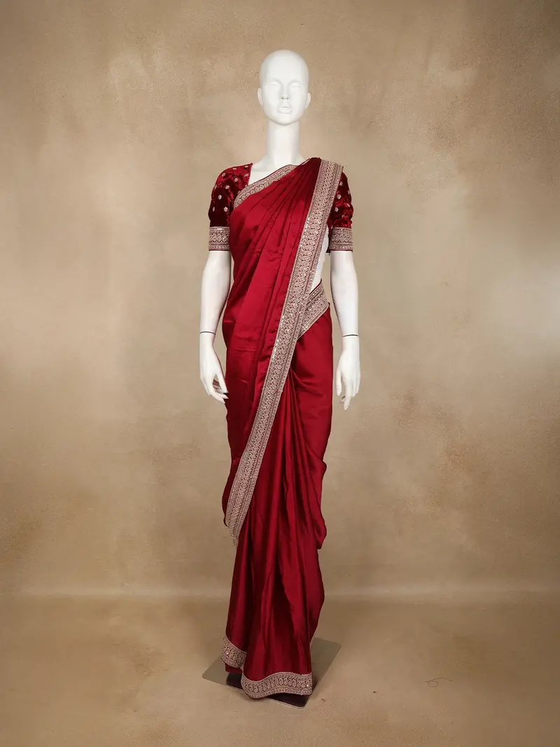 Dark Pink Solid Design Satin Saree With Embellished Lace Border 1