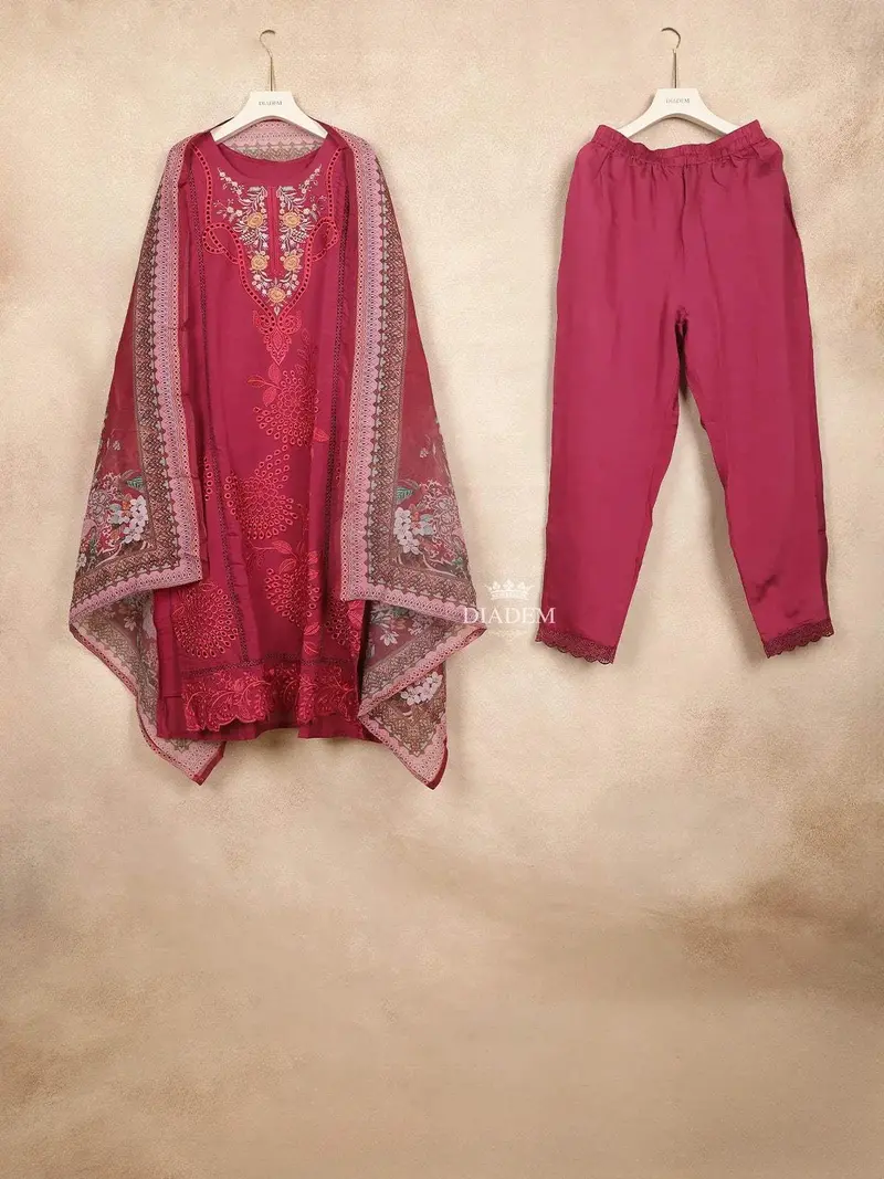 Dark Pink Straight Cut Salwar Suit For Girls Adorned With Embroidery Flower And Leaf Design With Dupatta 2