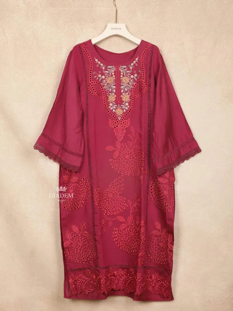 Dark Pink Straight Cut Salwar Suit For Girls Adorned With Embroidery Flower And Leaf Design With Dupatta 3