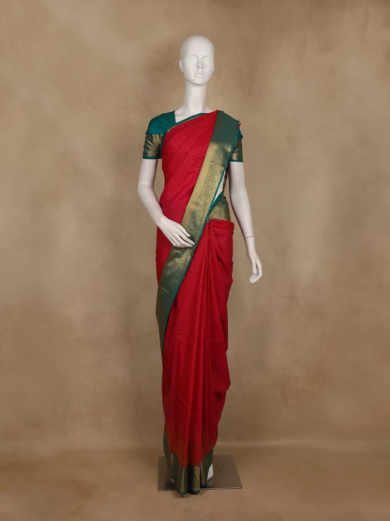 Dark Pink Stripes Woven Semi Silk Saree With Contrast Green Zari Border 1