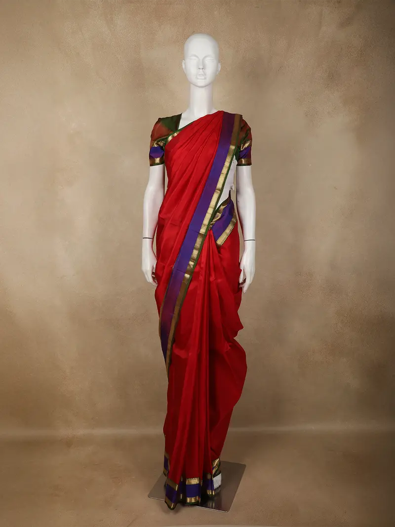 Dark Pink Zari Woven Kanchipuram Silk Saree With Contrast Purple And Green Border 1