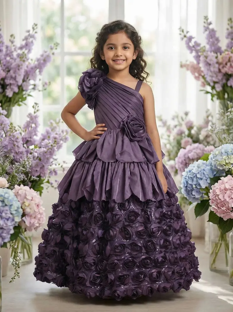 Dark Purple 3D Floral Layered One-Shoulder Satin Kids Gown 1