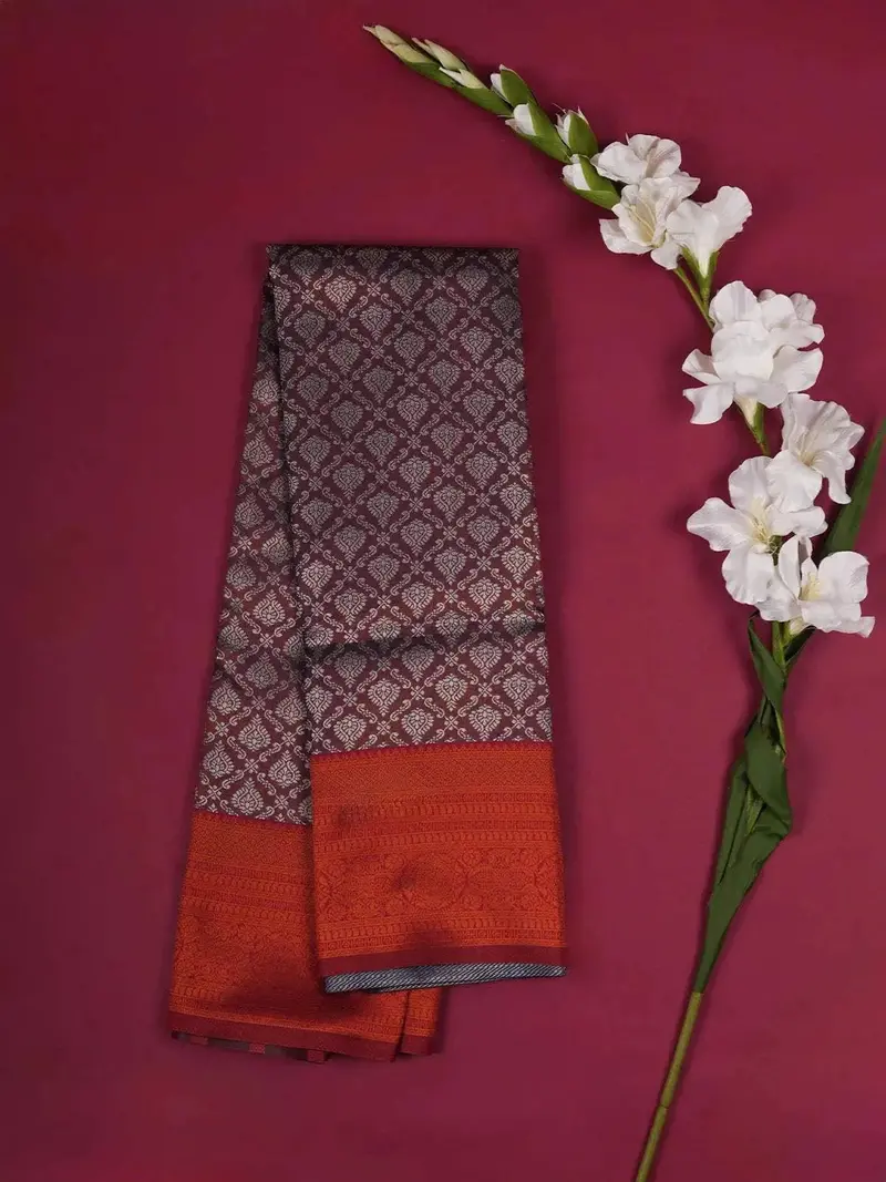 Dark Purple Art Silk Saree With Floral Design On The Body With Contrast Designed Border 1
