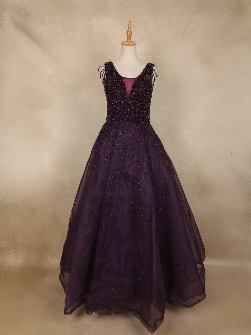 Dark Purple Beads Embellished Design Net Ball Gown With Sleeveless Shoulder Tassel Design 1