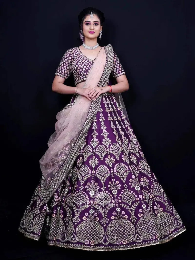 Dark Purple Bridal Lehenga With Floral Embroidery 1