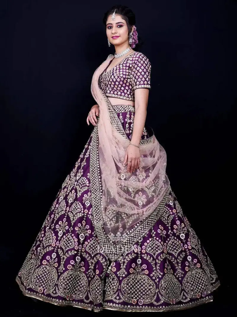 Dark Purple Bridal Lehenga With Floral Embroidery 2