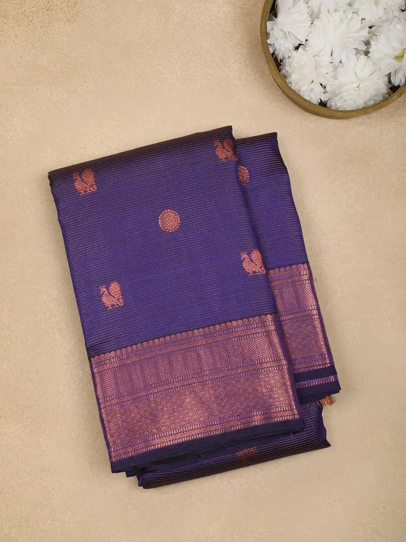 Dark Purple Butta And Peacock Motifs Pure Kanchipuram Silk Saree 1