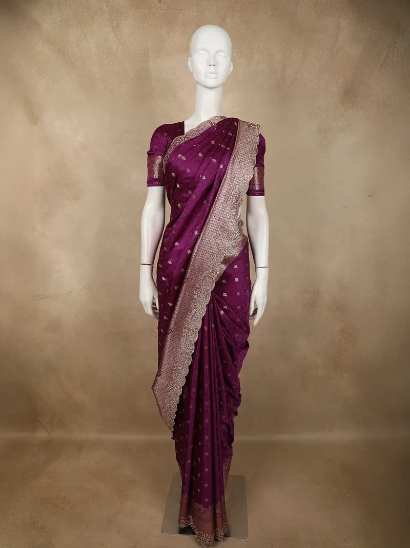 Dark Purple Butta Zari Woven Design Pure Satin Saree With Scalloped Border 1