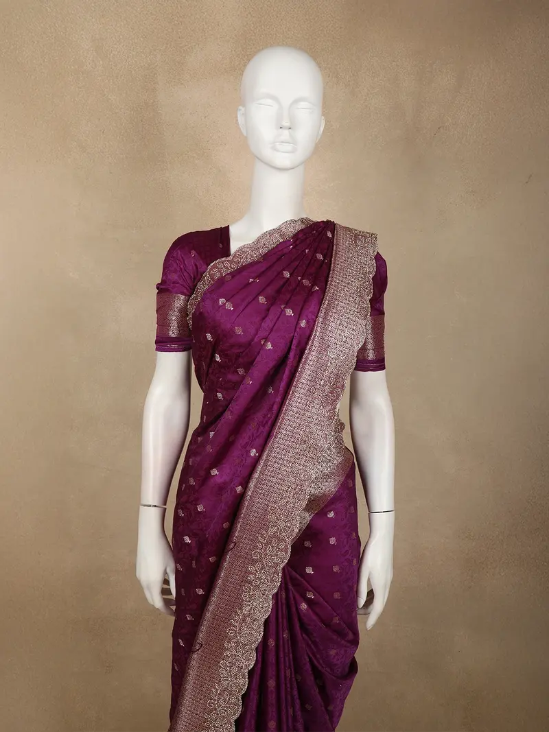 Dark Purple Butta Zari Woven Design Pure Satin Saree With Scalloped Border 2