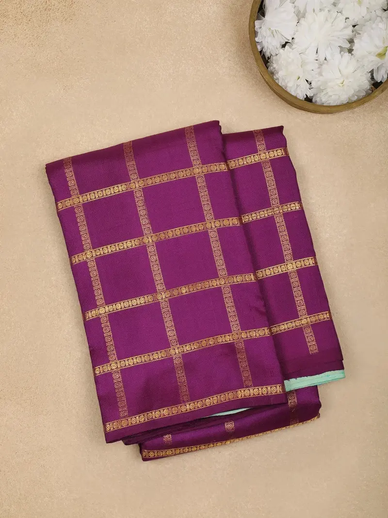 Dark Purple Checked Designs Pure Kanchipuram Silk Saree 1