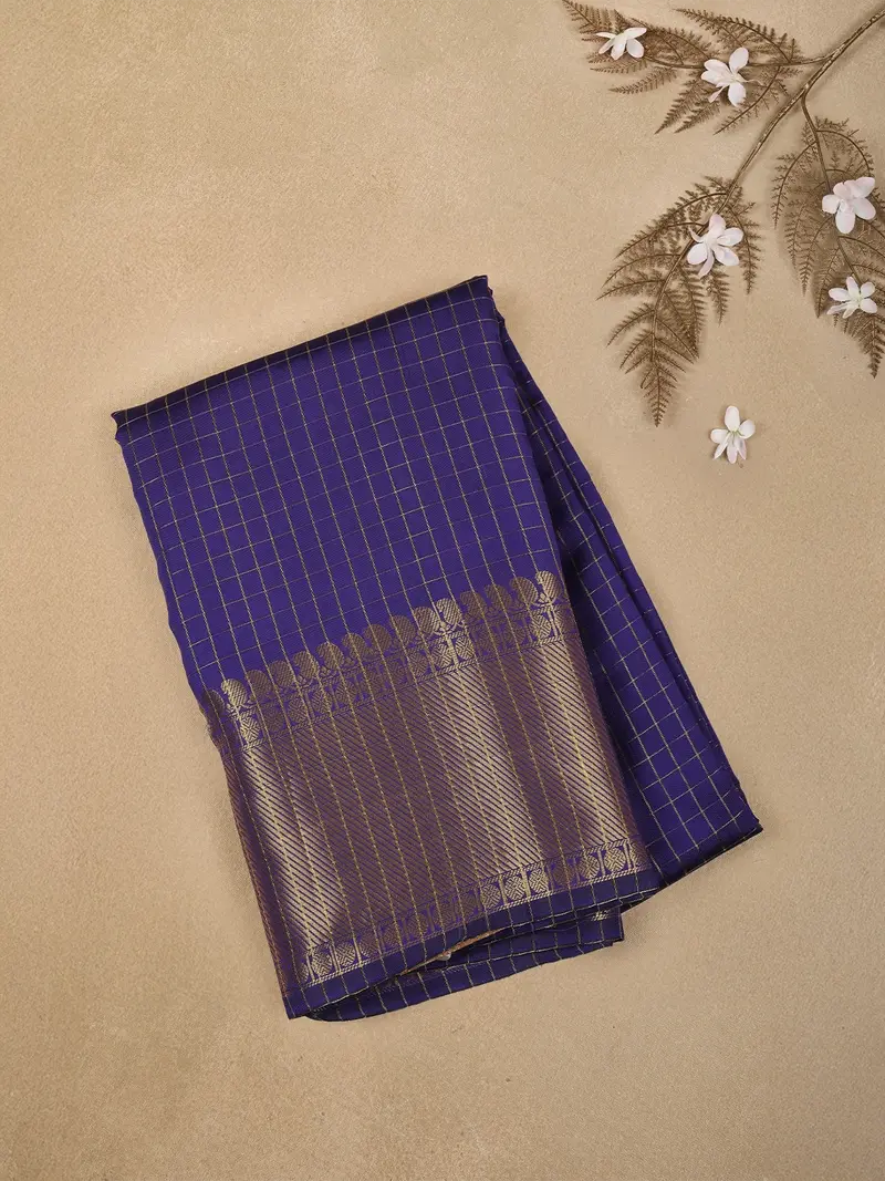 Dark Purple Checked Woven Design Soft Silk Fancy Saree 1