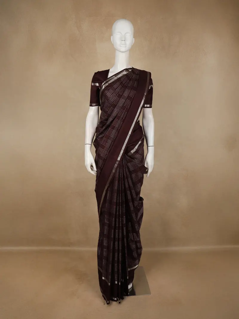Dark Purple Checked Zari Woven Design Kanchipuram Silk Saree With Silver Zari Border 1