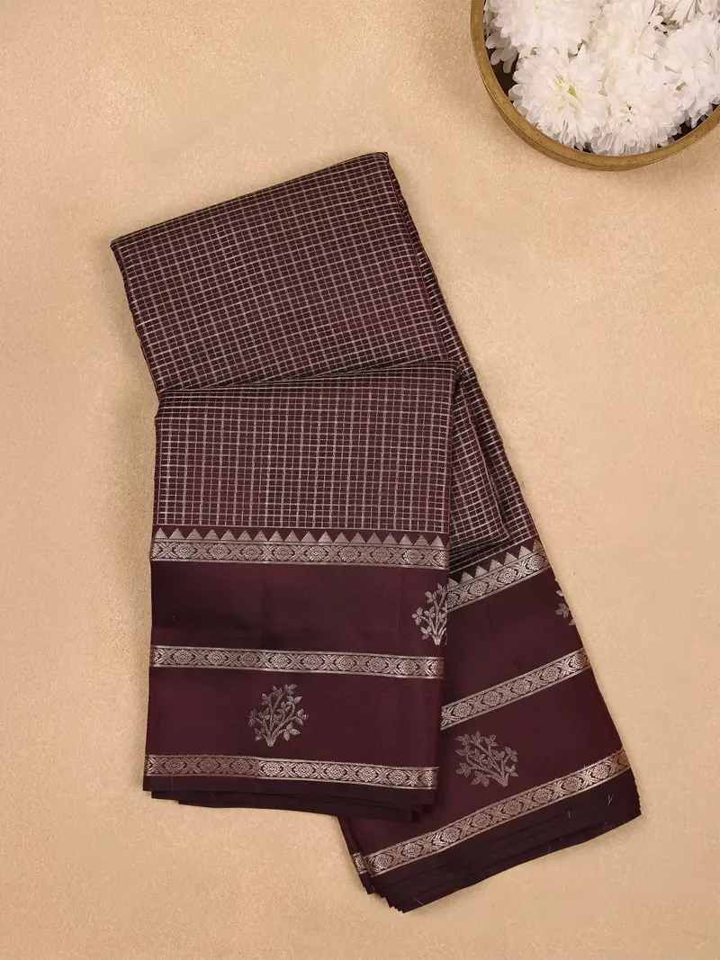 Dark Purple Checkered Woven Pure Kanchipuram Silk Saree 1