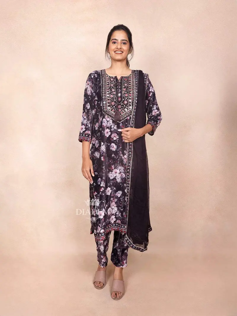 Dark Purple Cotton Straight Cot Salwar Suit For Women Adorned With Embroidery With Floral Design Paired With Dupatta 1