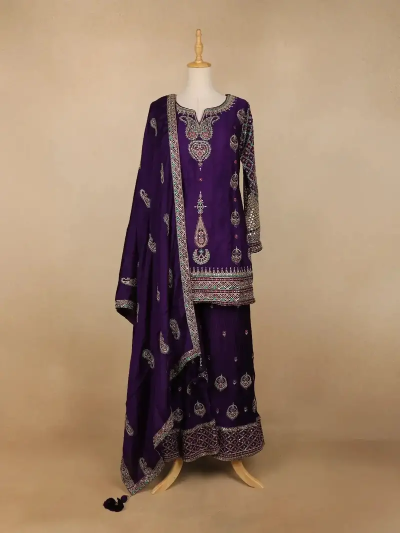 Dark Purple Crepe Geometric Palazzo Salwar Suit 1