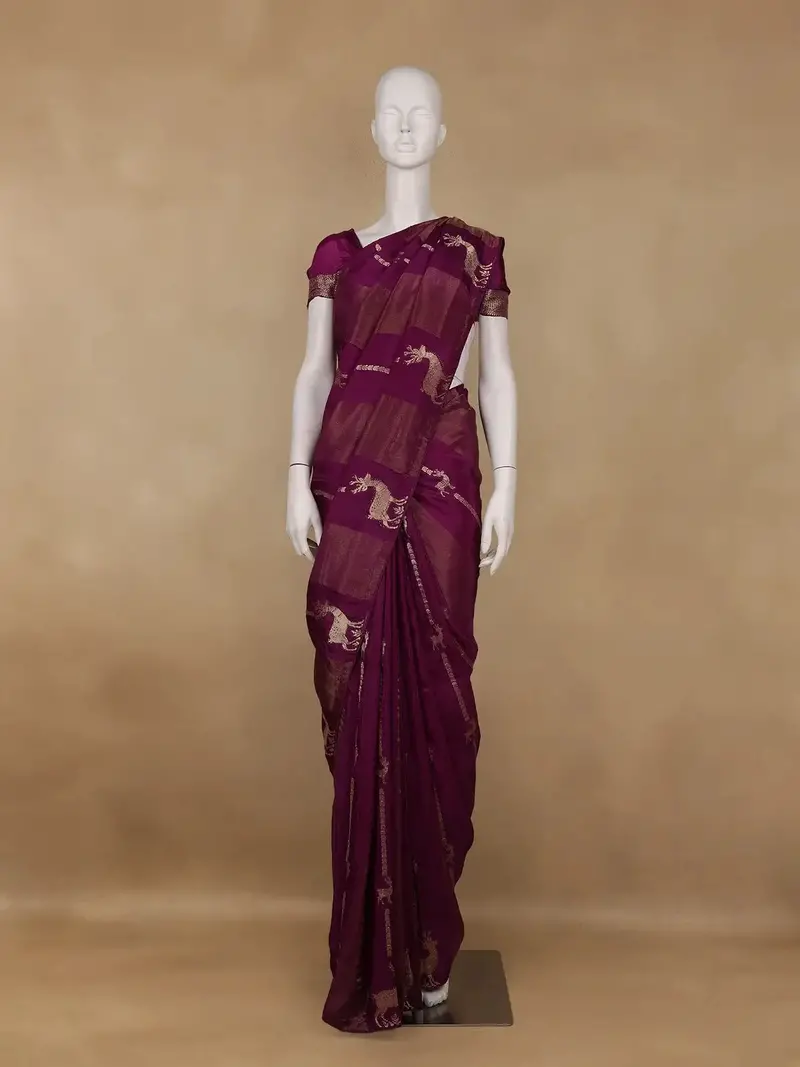Dark Purple Deer Motif Semi Tussar Saree 1