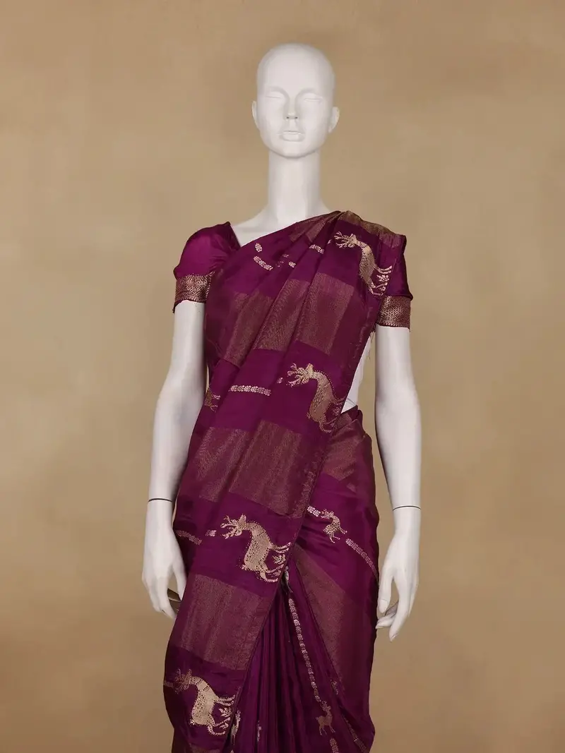 Dark Purple Deer Motif Semi Tussar Saree 2
