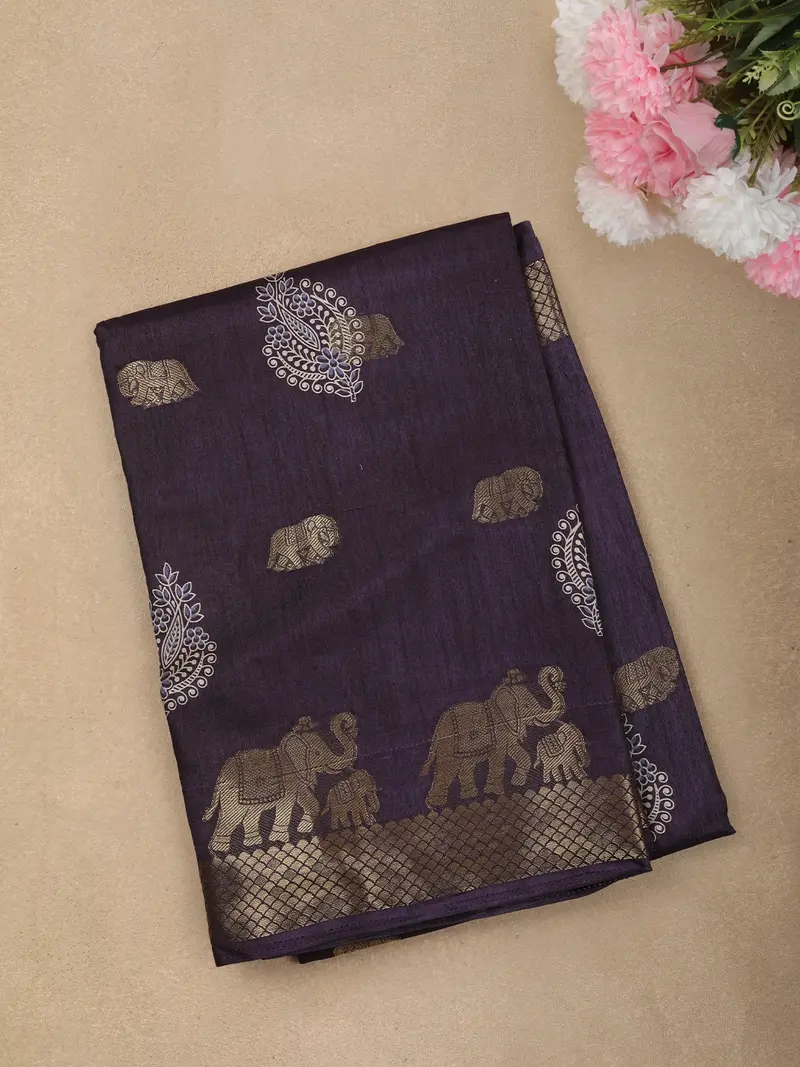 Dark Purple Elephant Motif Zari Woven Design Mixed Cotton Saree With Zari Border 1
