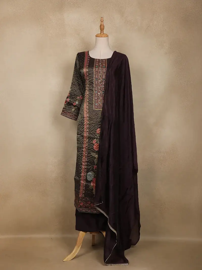 Dark Purple Embroidered Design Tissue Silk Salwar Suit 1
