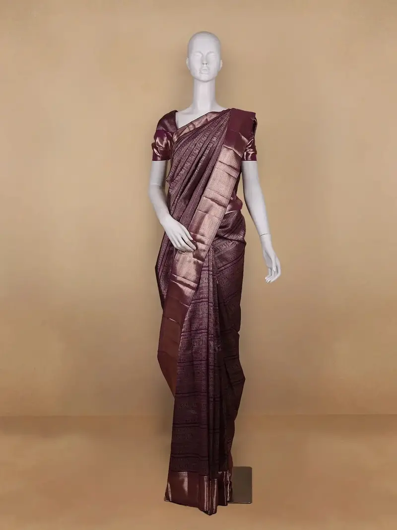 Dark Purple Floral And Peacock Woven Pure Kanchipuram Silk Saree 1