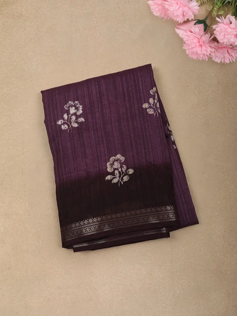 Dark Purple Floral Butta Printed Design Crepe Casual Wear Saree 1