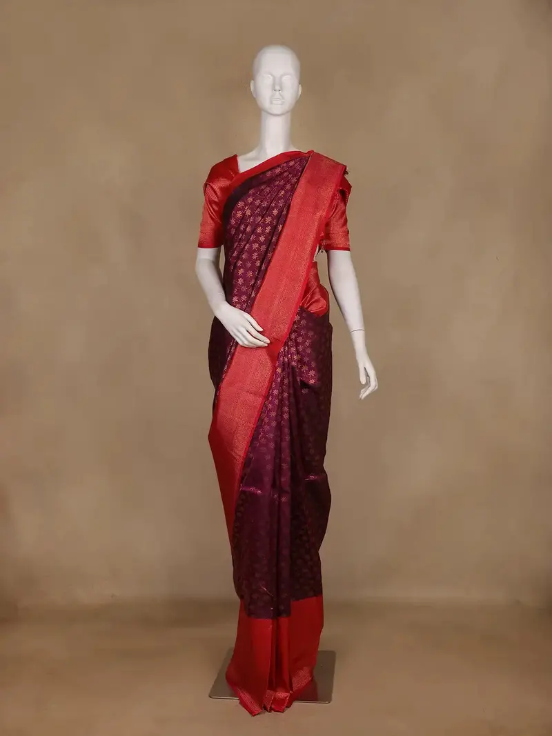 Dark Purple Floral Butta Woven Pure Kanchipuram Silk Saree With Red Contrast Zari Border 1