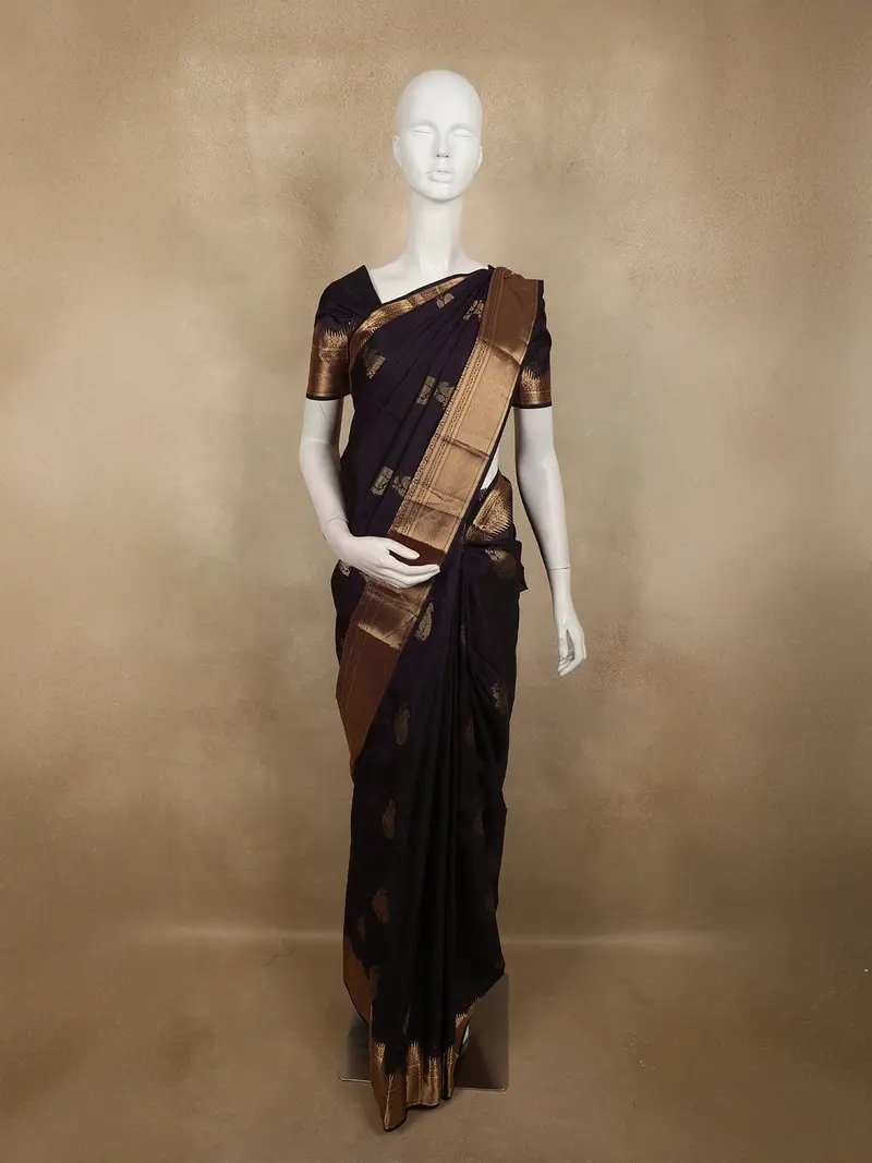 Dark Purple Floral Butta Zari Woven Design Kanchipuram Silk Saree With Temple Zari Border 1
