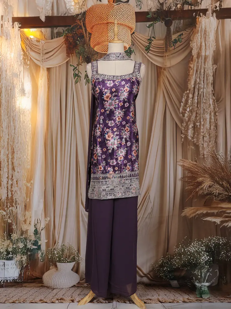 Dark Purple Floral Design Chiffon Palazzo Suit With Dupatta 1