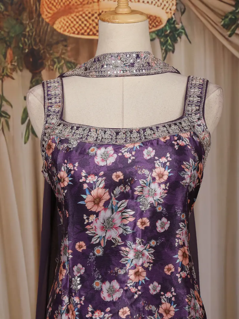 Dark Purple Floral Design Chiffon Palazzo Suit With Dupatta 2
