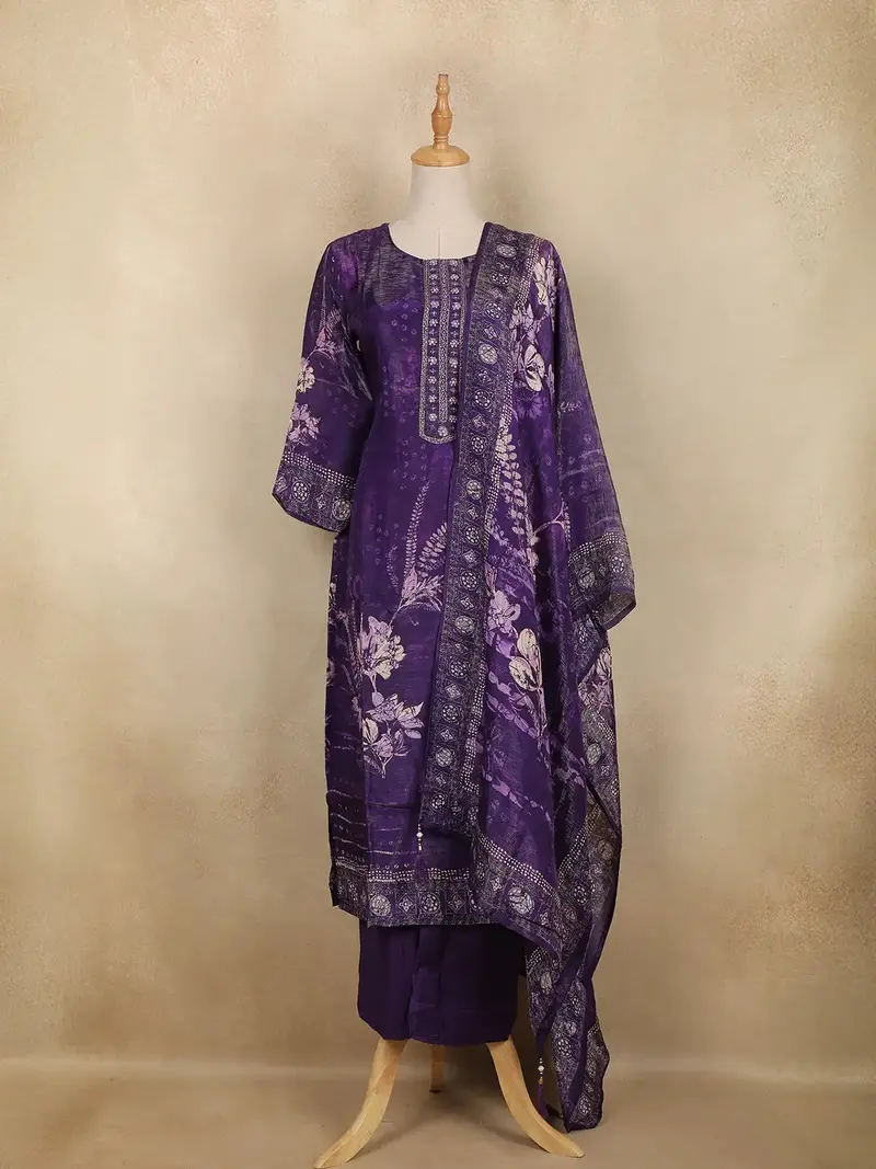 Dark Purple Floral Design Printed Organza Salwar Suit 1