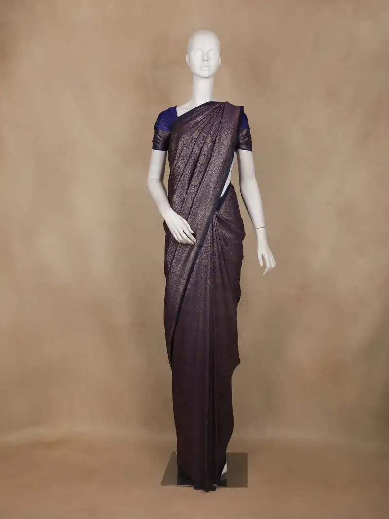 Dark Purple Floral Design Semi Silk Saree 1