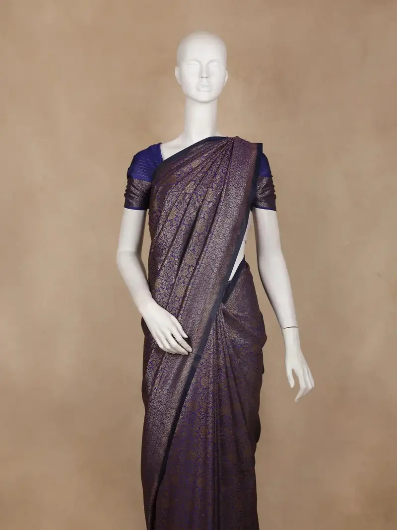 Dark Purple Floral Design Semi Silk Saree 2