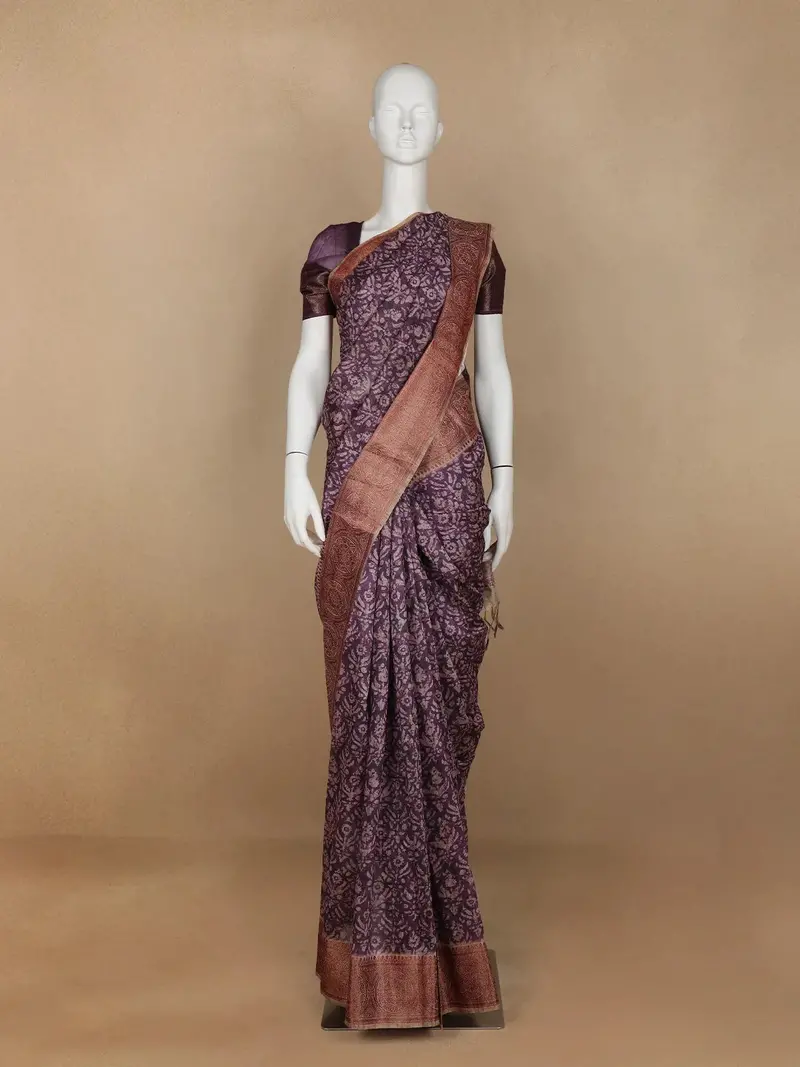 Dark Purple Floral Designed Chanderi Cotton Saree 1