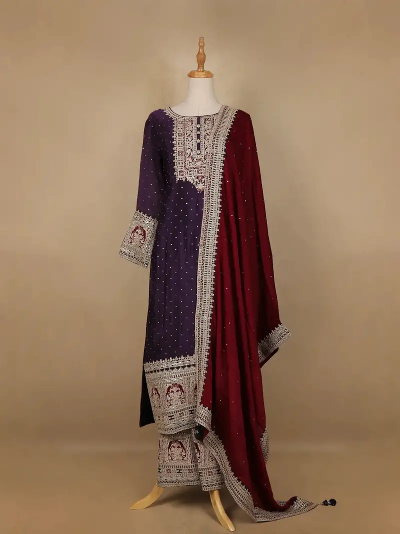 Dark Purple Floral Designed Crepe Anarkali Salwar Suit 1