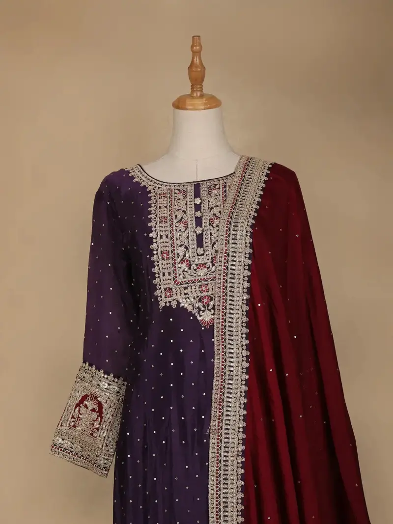 Dark Purple Floral Designed Crepe Anarkali Salwar Suit 2